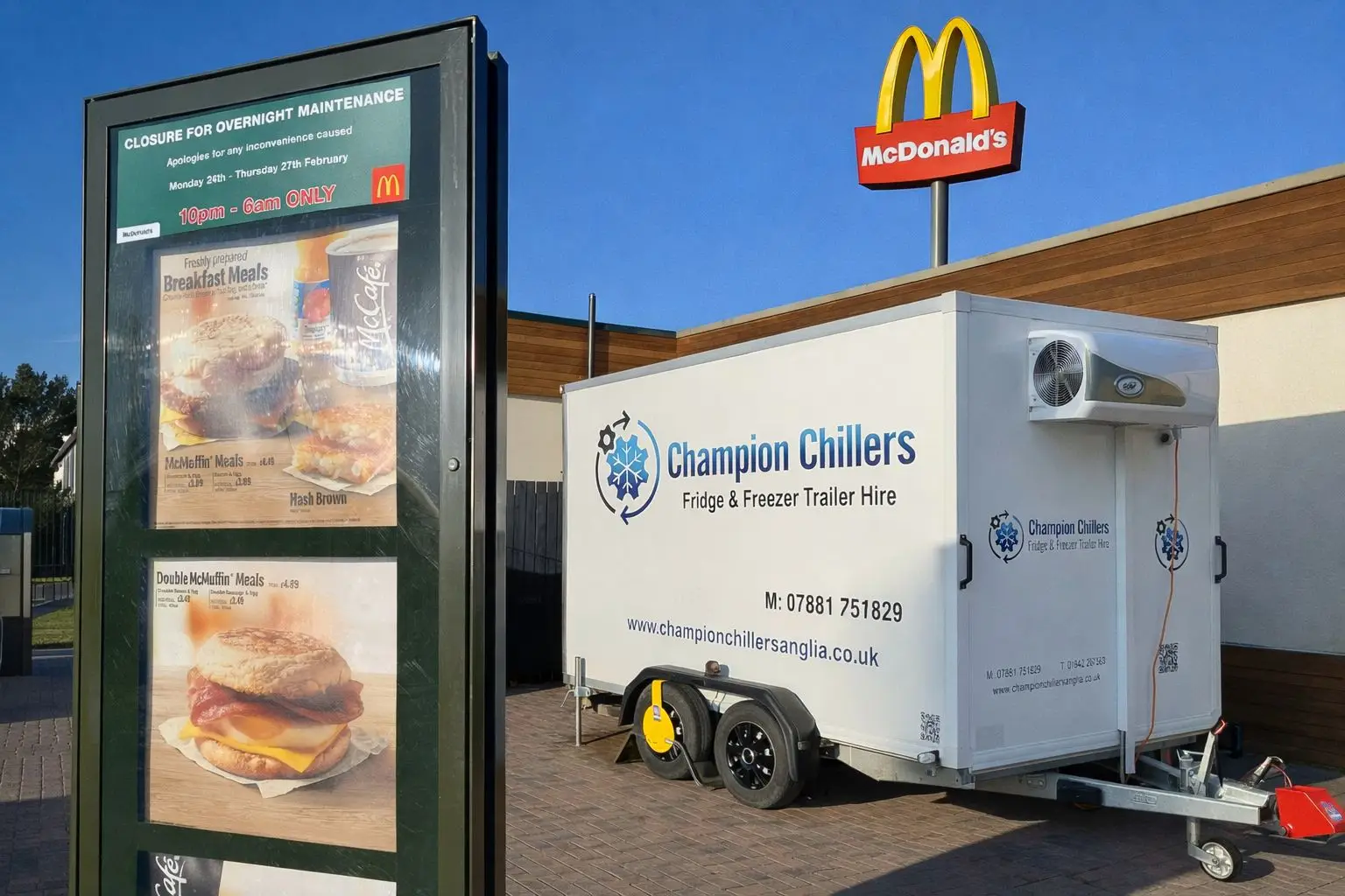 Champion Chillers fridge and freezer trailer hire unit parked at a McDonald's for commercial refrigeration cover.